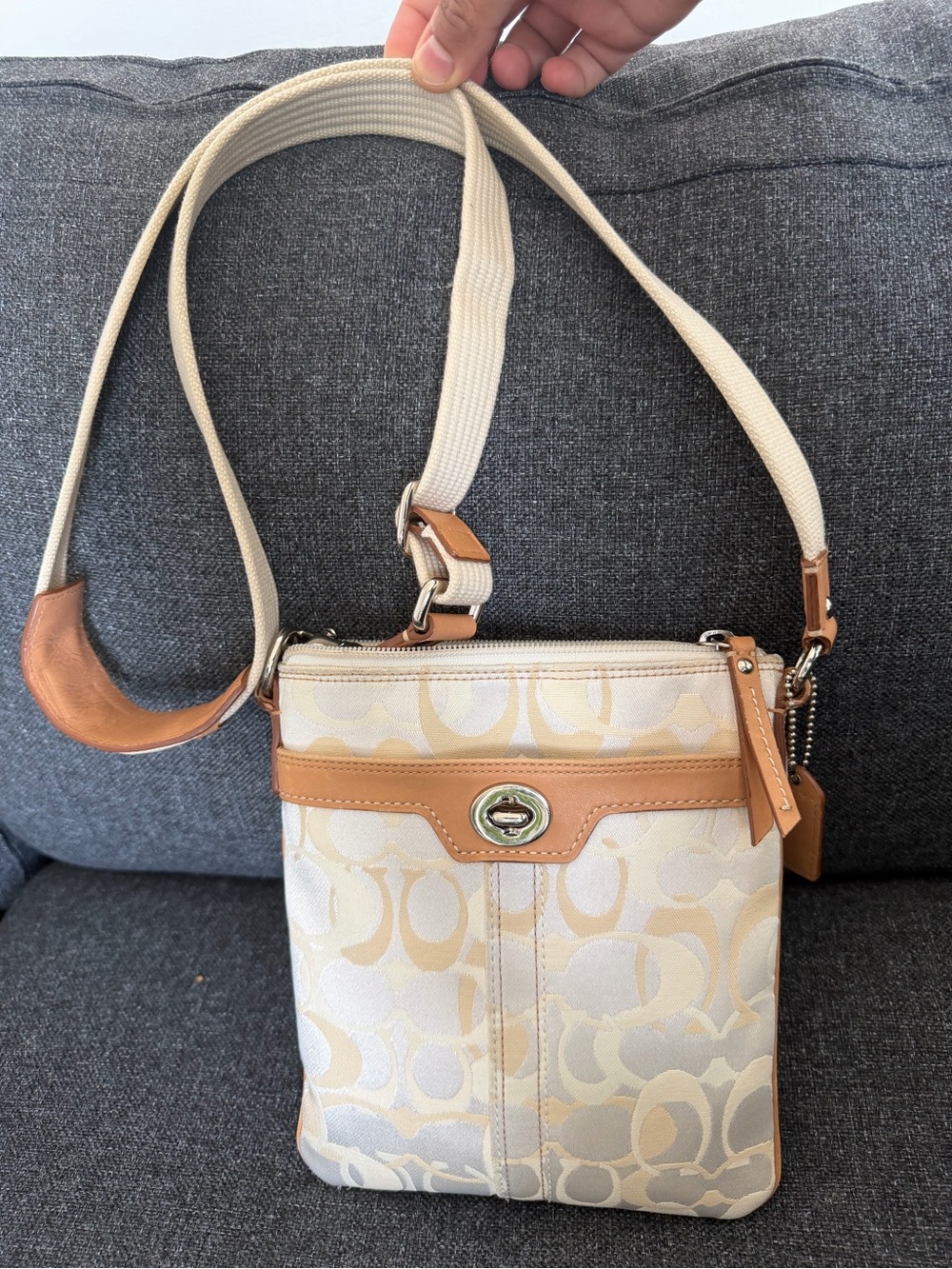 Coach Cream Signature Crossbody with Tan Leather Trim